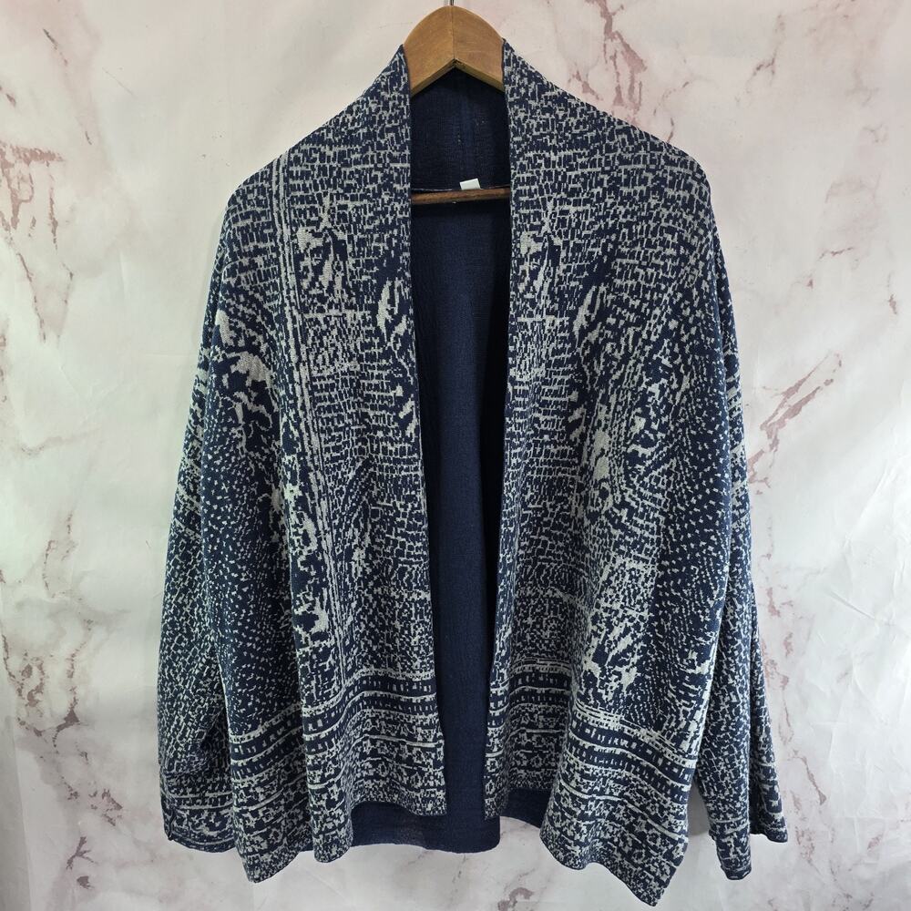 J Jill Cardigan Womens Medium Blue Gray Navy Sweater Open Front Pattern